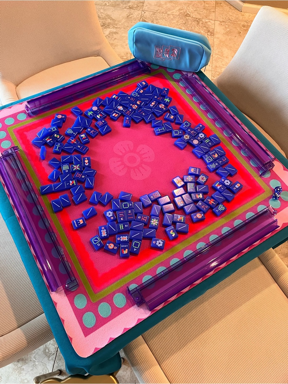 Full Mahjong Set Tiles, Racks, Mat, Dice, Bag Inspired by Minimal Line Woodlands